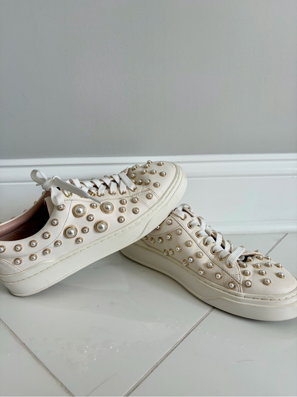 Stuart Weitzman White Pearl & Gold-Studded Low-Top Sneakers